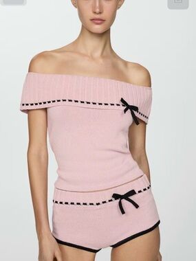 Mango Pink Off-Shoulder High Waist Shorts Set with Black Trim